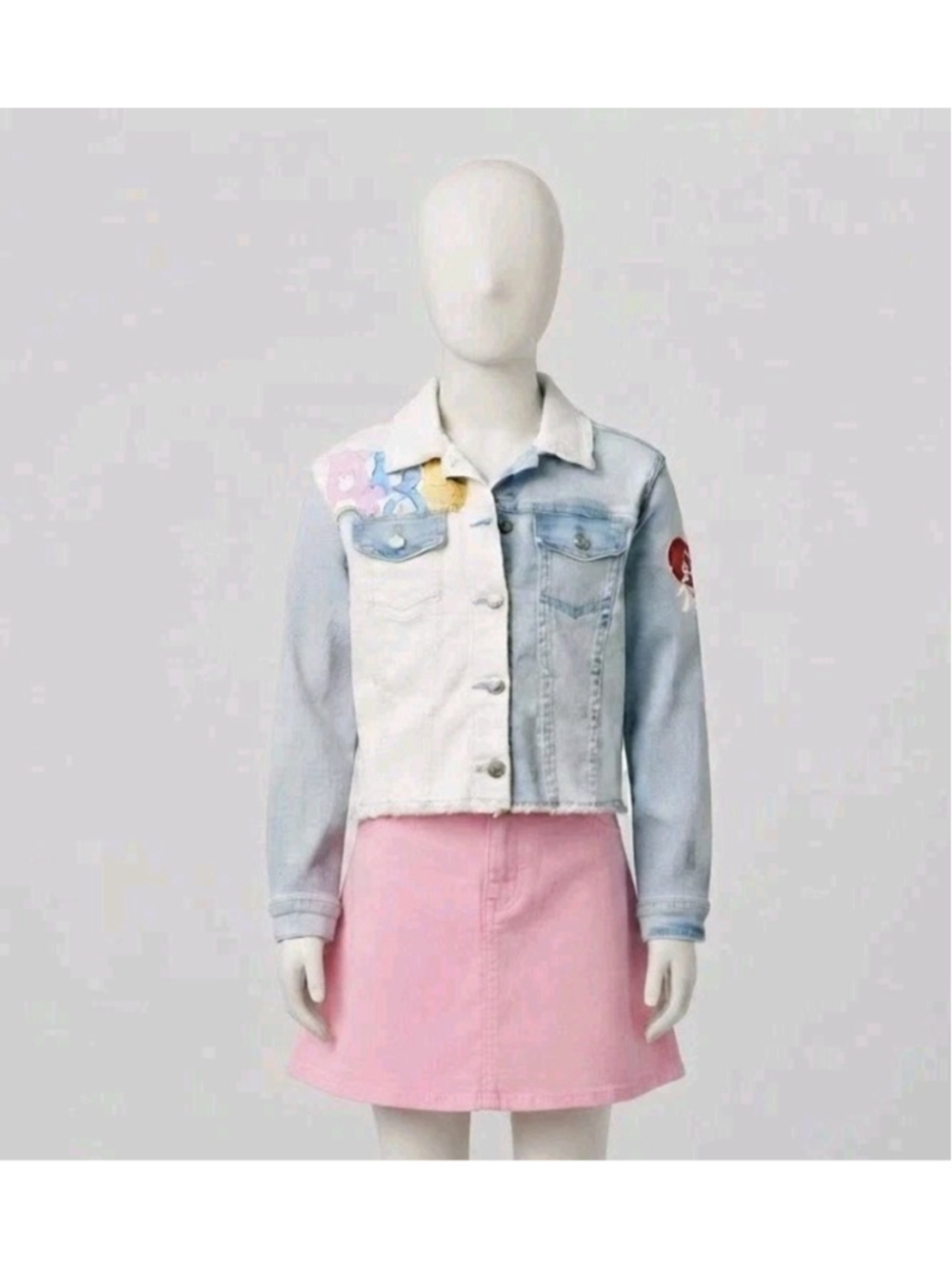 Care Bears Justice Denim Jacket Youth Size M 10 Split Color White Blue Patchwork